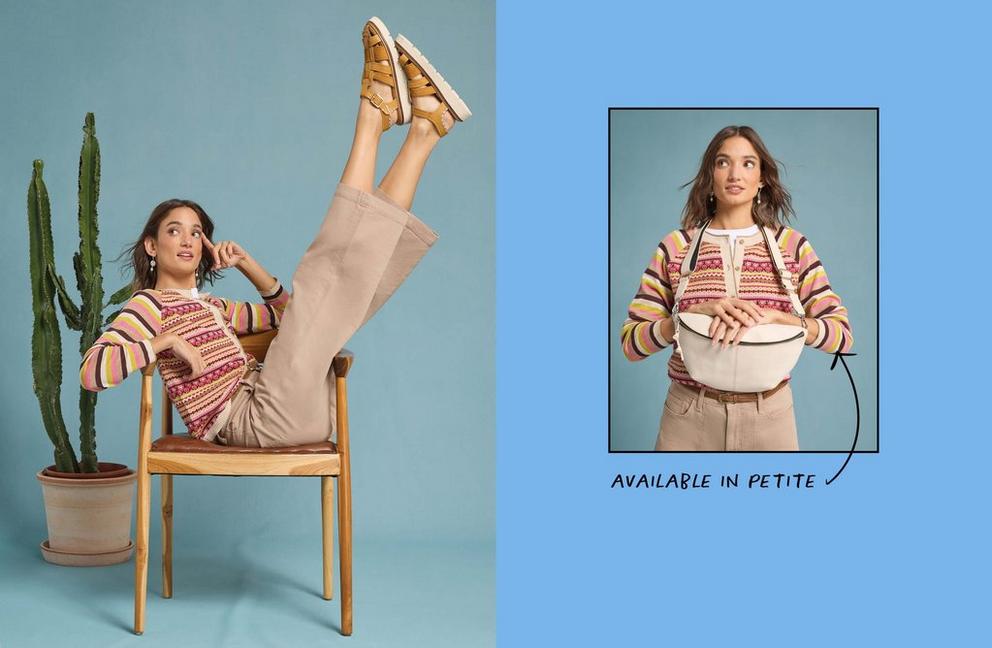 woman in printed top and trousers in chair